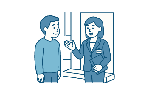 男性の自宅へ訪問する女性職員のイラスト