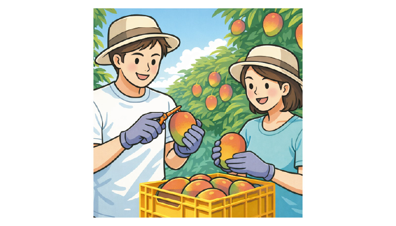 マンゴーを収穫する観光客