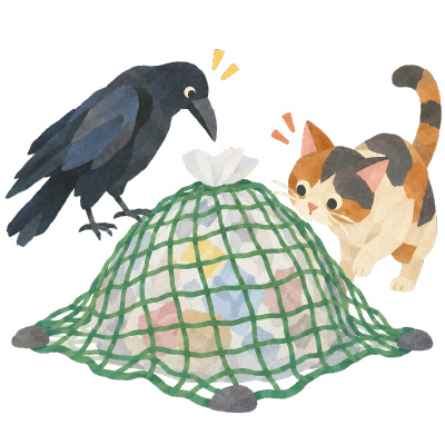 ゴミを漁るカラスと猫
