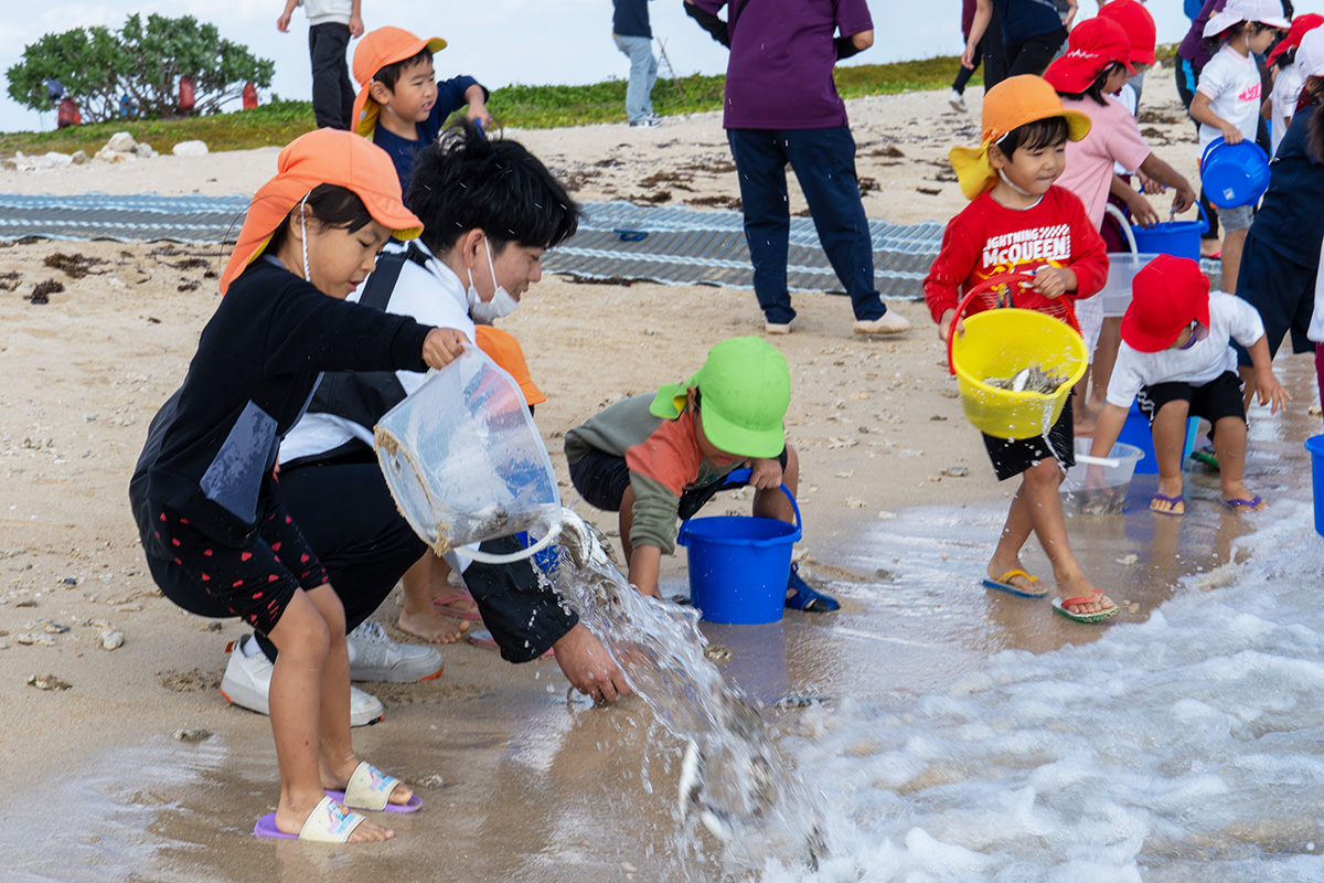 あざまサンサンビーチで園児が稚魚を放流 （2025/12/10）